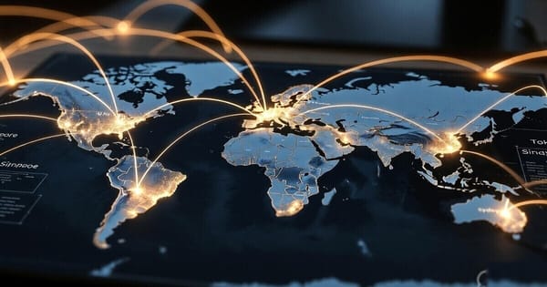World map with glowing gold light streams arcing between major financial cities. Ocean background with warm gold settlement rails connecting every continent.