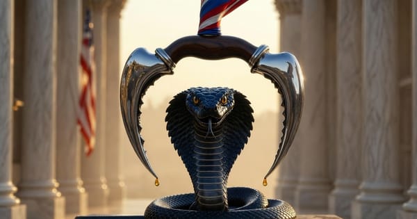 Silver pincers closing on a serpent's head at dawn, red-white-and-blue ribbon on the handle, marble hall.