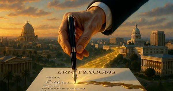 A gold-ink signature on an Ernst and Young contract arcs into a golden thread linking Baghdad to Washington at dawn.