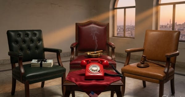 A red rotary phone mid-ring on a Baghdad table, three chairs around it carrying a stack of dollars, a cigar, and a gavel.