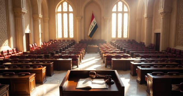 Empty Iraqi Council of Representatives chamber with a gavel and open document resting on the central desk.
