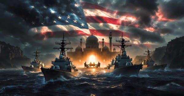 US Navy warships blocking a narrow strait while silhouettes meet in a lit building on the far shore under a stormy American flag sky