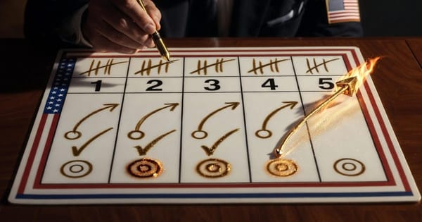 Coach's wrist-coach card, five identical football plays, cells 1-4 checked in gold, cell 5 mid-stroke.