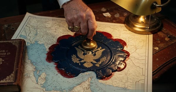 A presidential hand pressing the Great Seal of the United States in deep navy wax across a nautical chart of the Strait of Hormuz, lit by a single brass desk lamp.