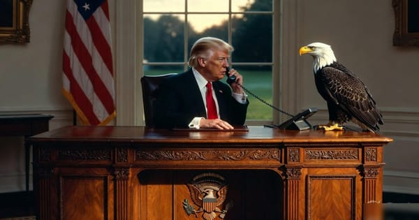 President on phone at the Resolute Desk from the front at dawn, bald eagle perched beside the American flag.