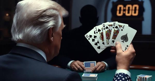 Trump from behind, royal flush of spades, opposition in shadow with flag-backed cards, shot clock at zero.