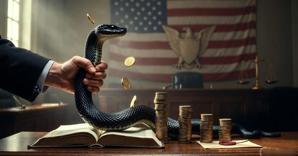 A starred-cuff hand pulls a black serpent off five stacks of tarnished gold coins on a courtroom evidence table, flag behind.