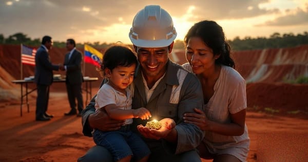 Venezuelan miner in a work uniform lifts raw gold ore to the sunrise with his wife and child beside him, flags behind.