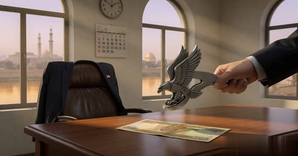 A starred-cuff hand holds a US Treasury eagle embosser suspended above a single Iraqi dinar note at dawn, empty chair behind, calendar showing 27.