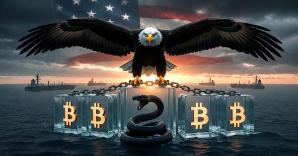 American eagle on blockchain blocks with trapped serpent and warships at Hormuz