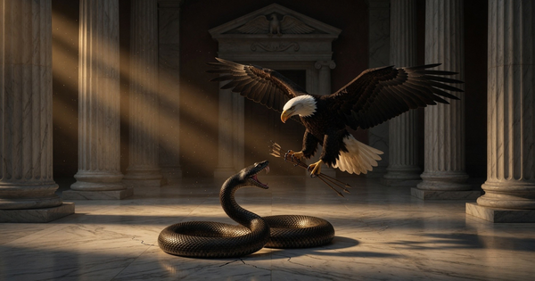 Bald eagle in raptor stoop, bronze arrows in talon, descending on a coiled serpent at a Treasury colonnade at dawn.