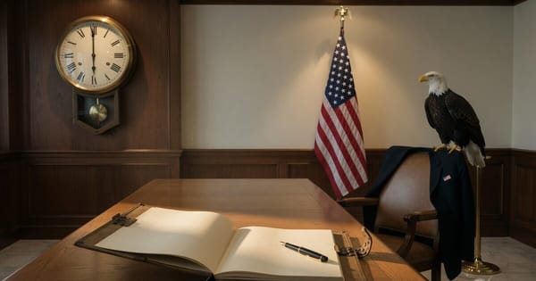 Brass schoolhouse wall clock minute hand at XII above an open blank military briefing folder; flag and bald eagle behind.