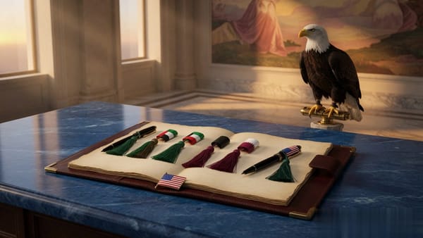 Five pens on an open portfolio at the UN Security Council at dawn. Four Gulf tassels, one American. Eagle watching.