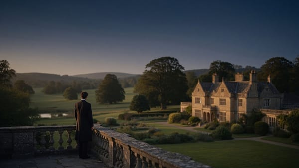A lone figure in a dark coat on a stone terrace at dusk, overlooking a private country manor, its gardens and the hills beyond.