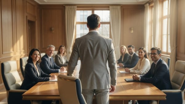 A man in a light suit stands at the head of a sunlit boardroom table, a balanced group of women and men seated facing him.