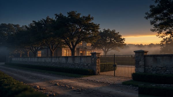 A secluded private estate at dusk behind a high wall and mature trees, warm light in the windows, conveying quiet wealth and privacy.