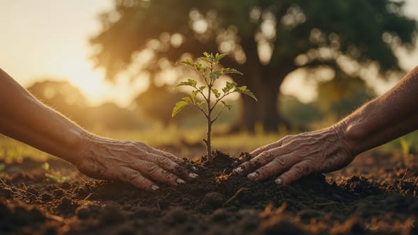 Two hands planting a young tree in rich soil at golden hour, an older tree behind it.