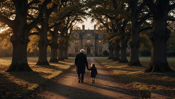 An elderly man and a young child walk away down a long avenue of mature trees toward a lit manor house at golden hour.