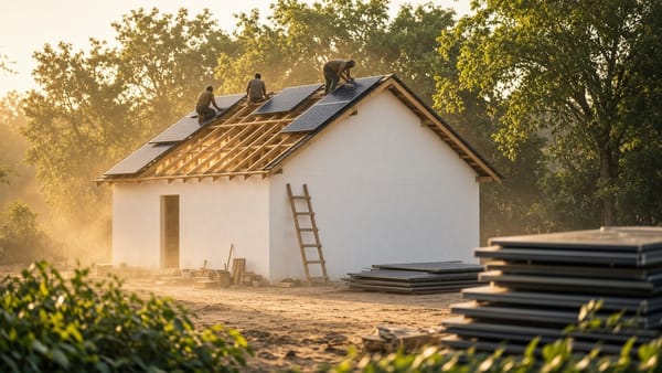 Workers installing solar panels on the roof of a newly built village school in warm early morning light