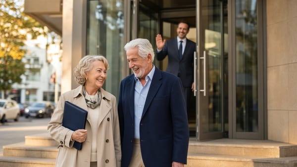 A smiling couple in their sixties leave a bank into afternoon sun, a navy folder in her hand, as their banker waves goodbye.