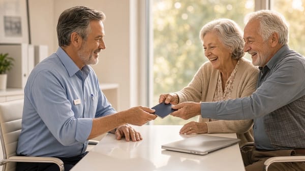 A laughing couple in their sixties hand a passport across a clean desk to a smiling bank officer.