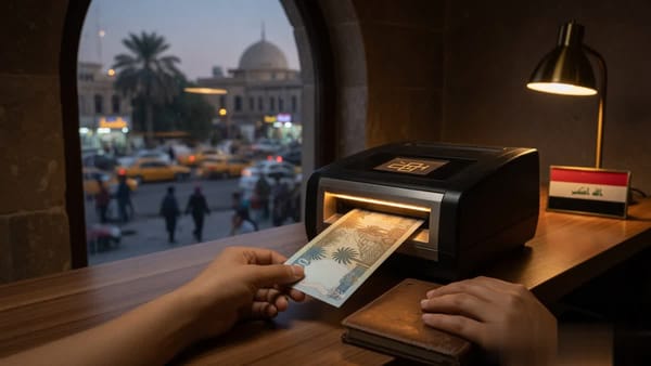 Hands feeding an Iraqi 25,000-dinar note into a digital banking scanner at a Baghdad central bank counter at dusk.